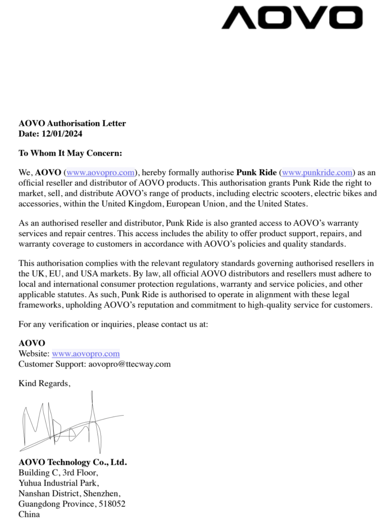 AOVO Authorisation Letter